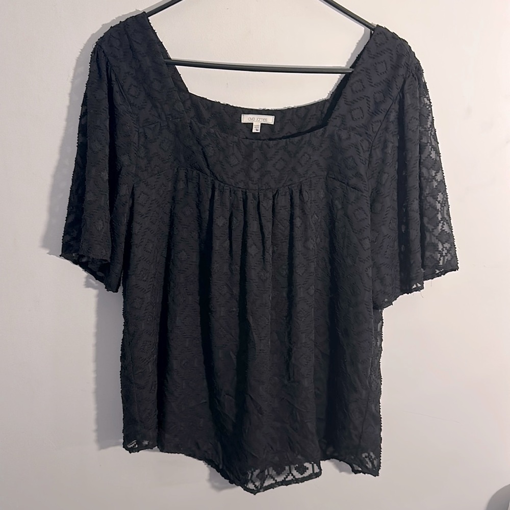 Ava James Large black lace short bell sleeve babydoll blouse w lining